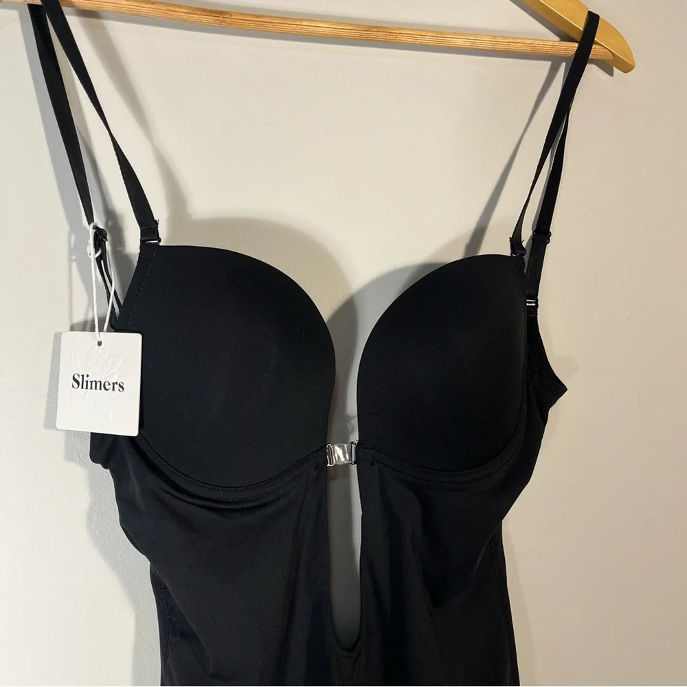 Slimers Black Backless Shapewear Strapless Bodysuit Low Back Plunge Bra Small - Picture 2 of 9